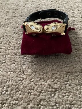 Black A/X Faux Leather Bracelet with Gold Panther Head Accents